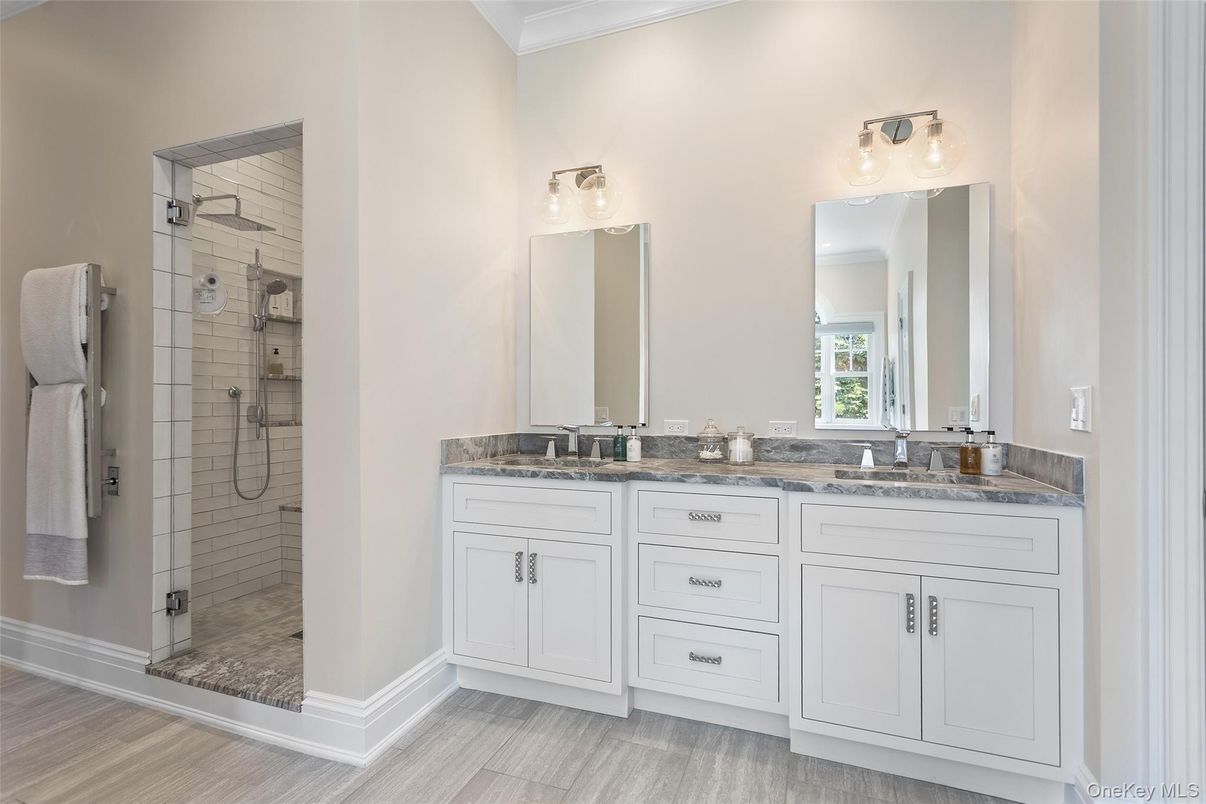 Bathroom, Dual Sink Vanities, Glass Shower, Interior, Wood Texture Flooring
