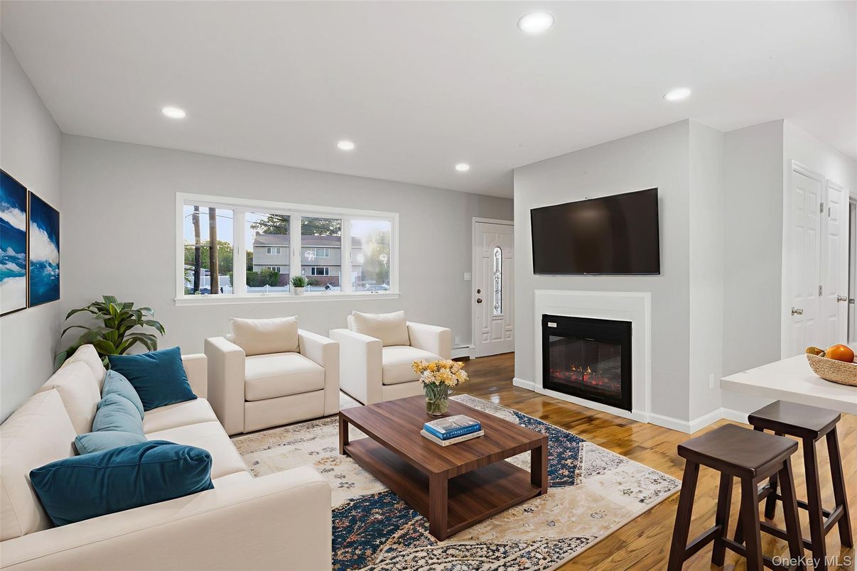 Fireplace, Interior, Living room, Recessed Lighting, Wood Texture Flooring