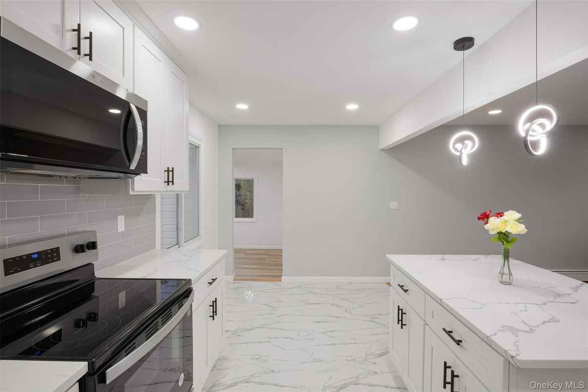 Interior, Kitchen, Marble, Pendant Lights, Recessed Lighting, Stainless Steel Appliances