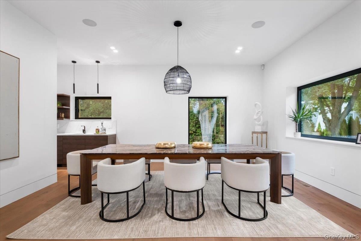 Dining room, Interior, Pendant Lights, Recessed Lighting, Wood Texture Flooring