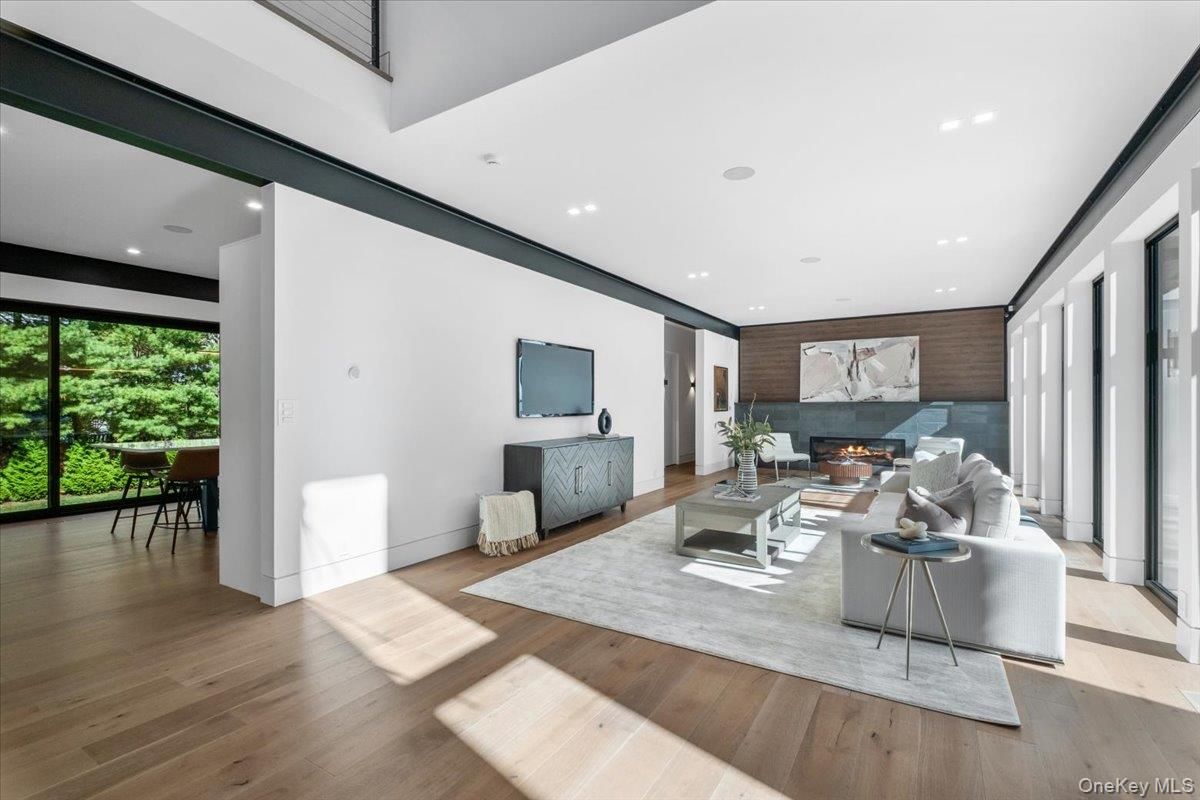 Fireplace, Interior, Living room, Recessed Lighting, Wood Texture Flooring
