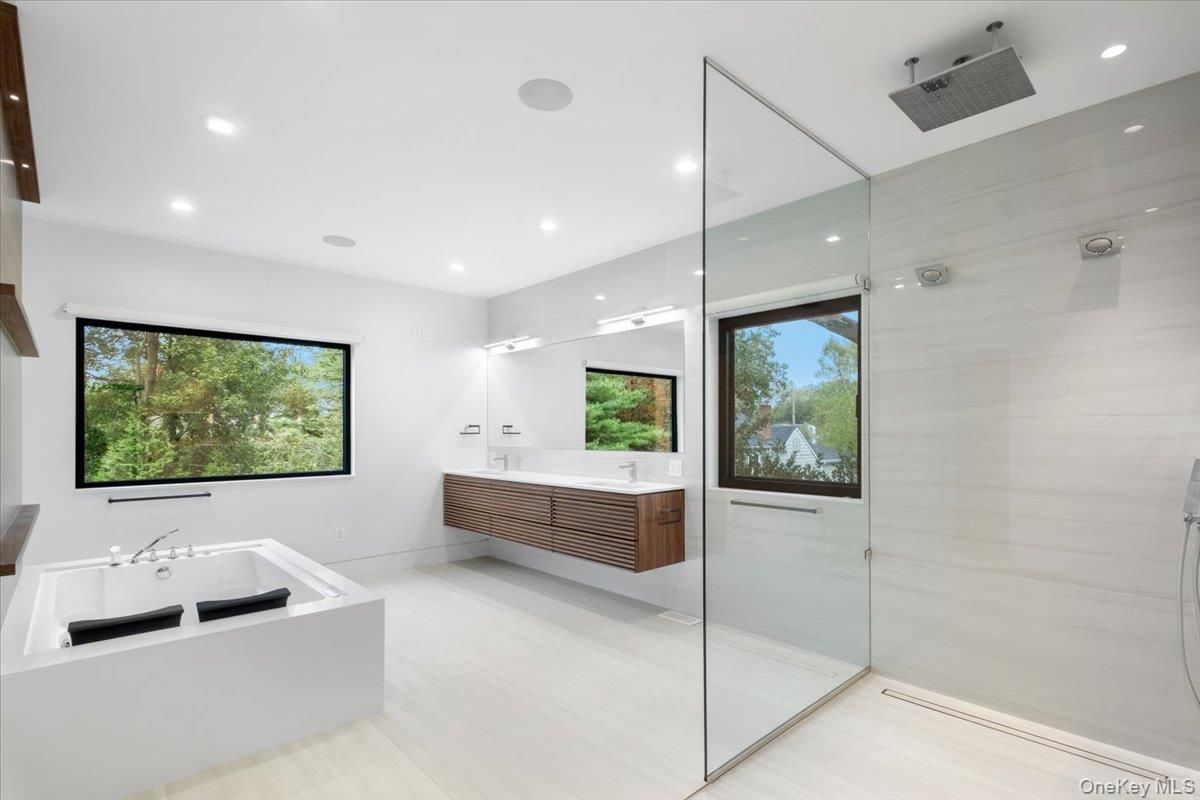 Bathroom, Glass Shower, Interior, Recessed Lighting, Wood Texture Flooring