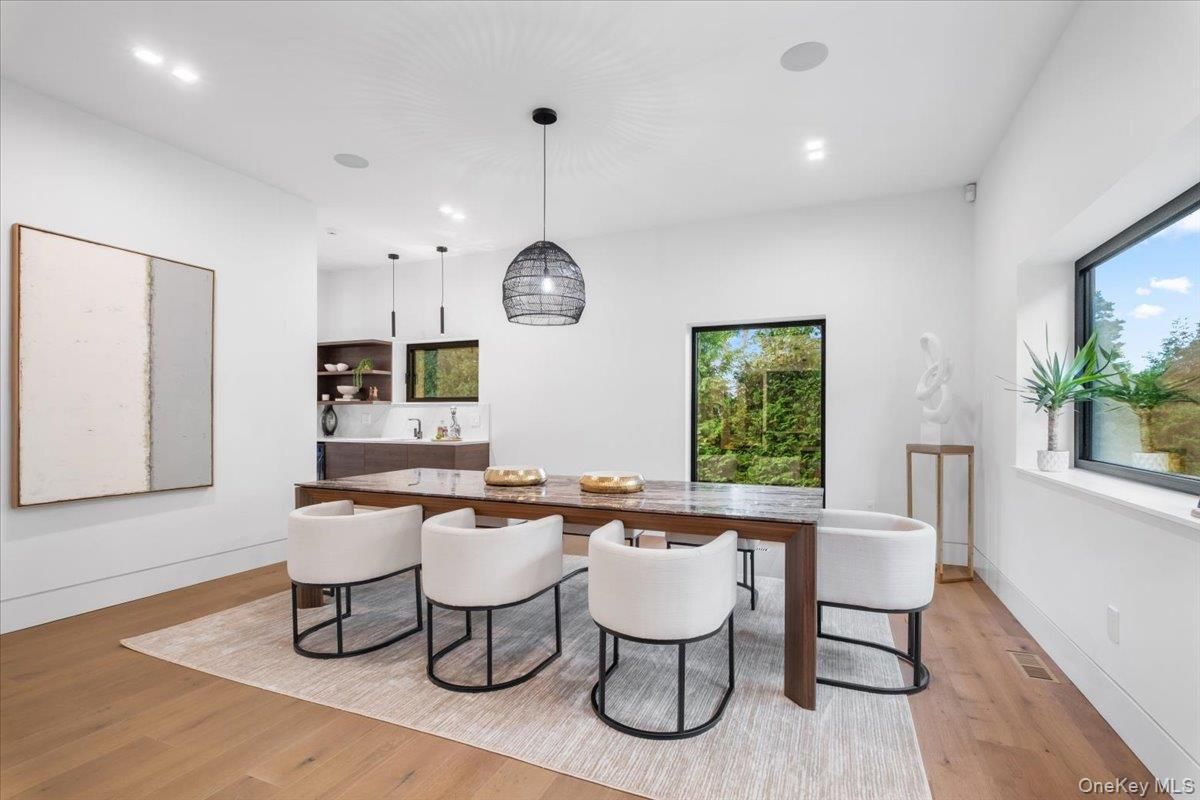 Dining room, Interior, Pendant Lights, Recessed Lighting, Wood Texture Flooring