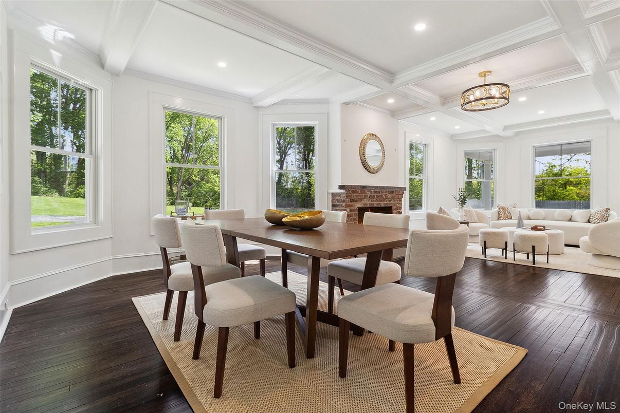 Chandelier, Dining room, Fireplace, Interior, Living room, Recessed Lighting, Wood Texture Flooring