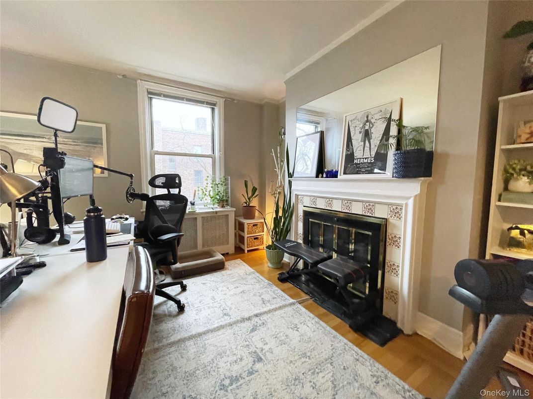 Fireplace, Fitness Equipment, Home Office, Interior, Wood Texture Flooring