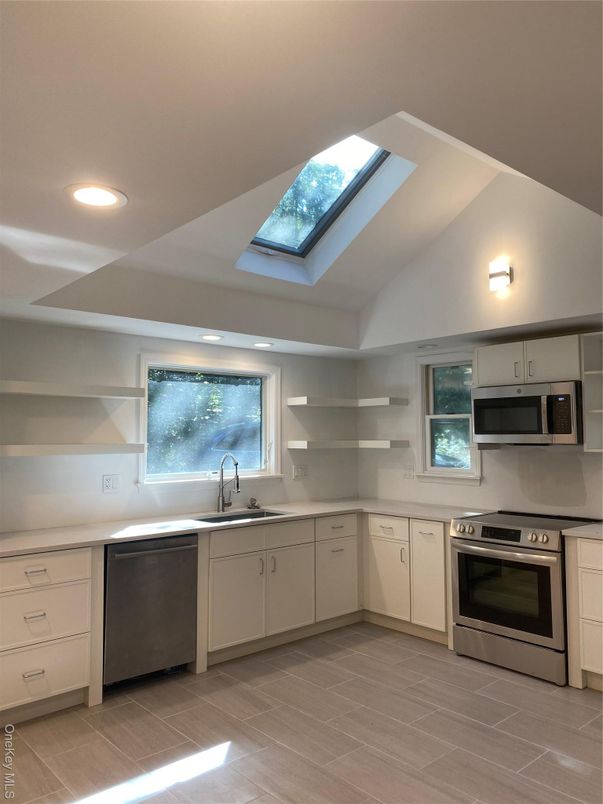 Glass Ceilings, Interior, Kitchen, Recessed Lighting, Stainless Steel Appliances, Wood Texture Flooring