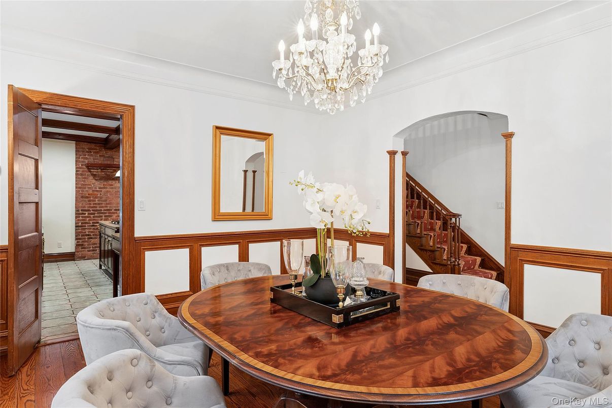 Chandelier, Dining room, Interior, Stone Walls, Wood Texture Flooring