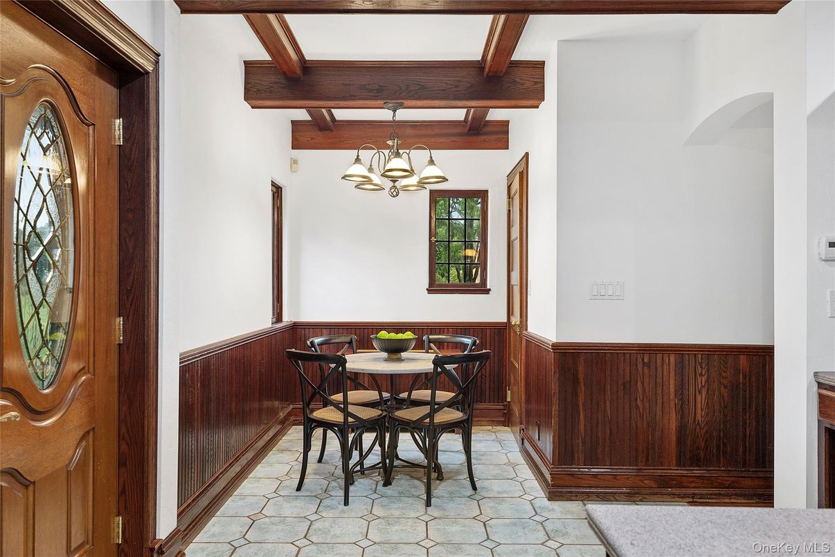 Chandelier, Dining room, Interior, Wooden Beams