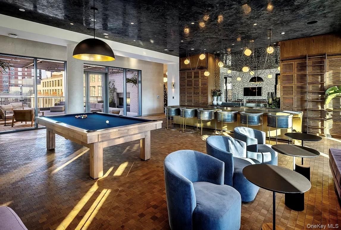 Billiard Table, Game Room, Interior, Pendant Lights, Recessed Lighting, Wood Texture Flooring