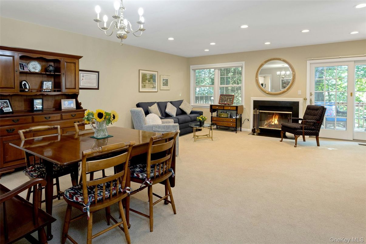 Chandelier, Dining room, Fireplace, Interior, Living room, Recessed Lighting