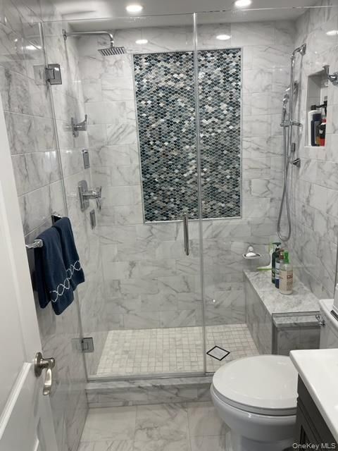 Bathroom, Glass Shower, Interior, Marble, Marble Walls, Recessed Lighting