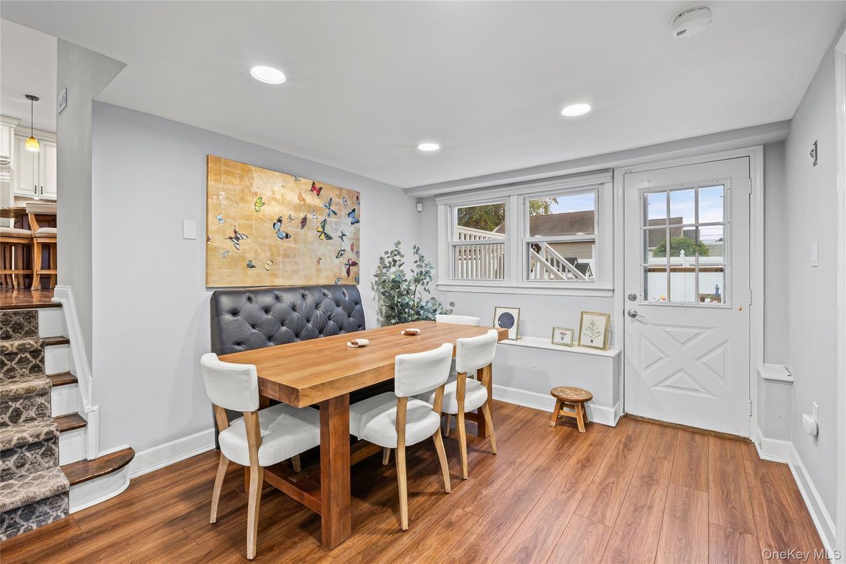 Dining room, Interior, Pendant Lights, Recessed Lighting, Wood Texture Flooring