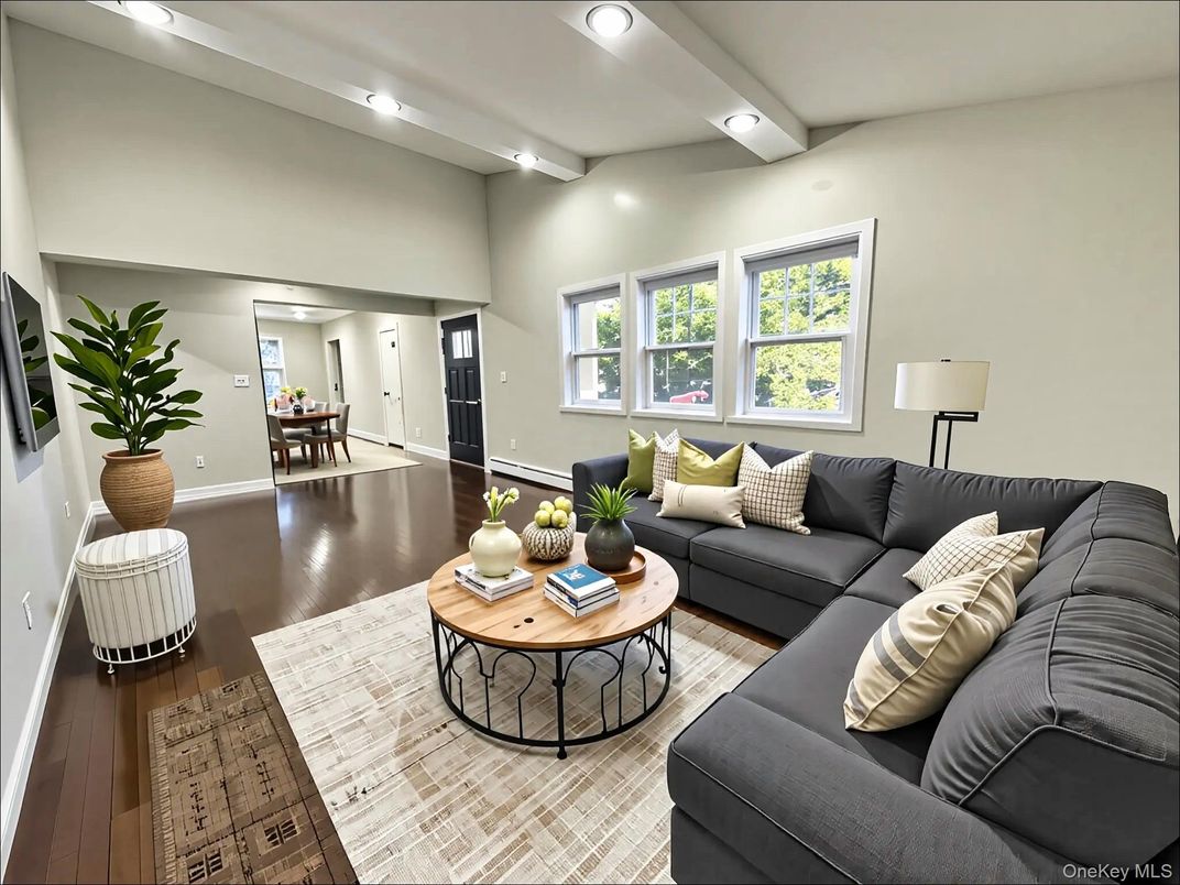 Dining room, Interior, Living room, Recessed Lighting, Wood Texture Flooring