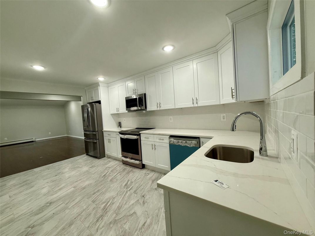 Interior, Kitchen, Marble, Recessed Lighting, Wood Texture Flooring