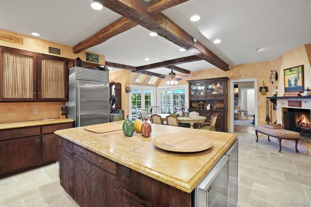 Dining room, Fireplace, Interior, Kitchen, Living room, Recessed Lighting, Stainless Steel Appliances, Wooden Beams