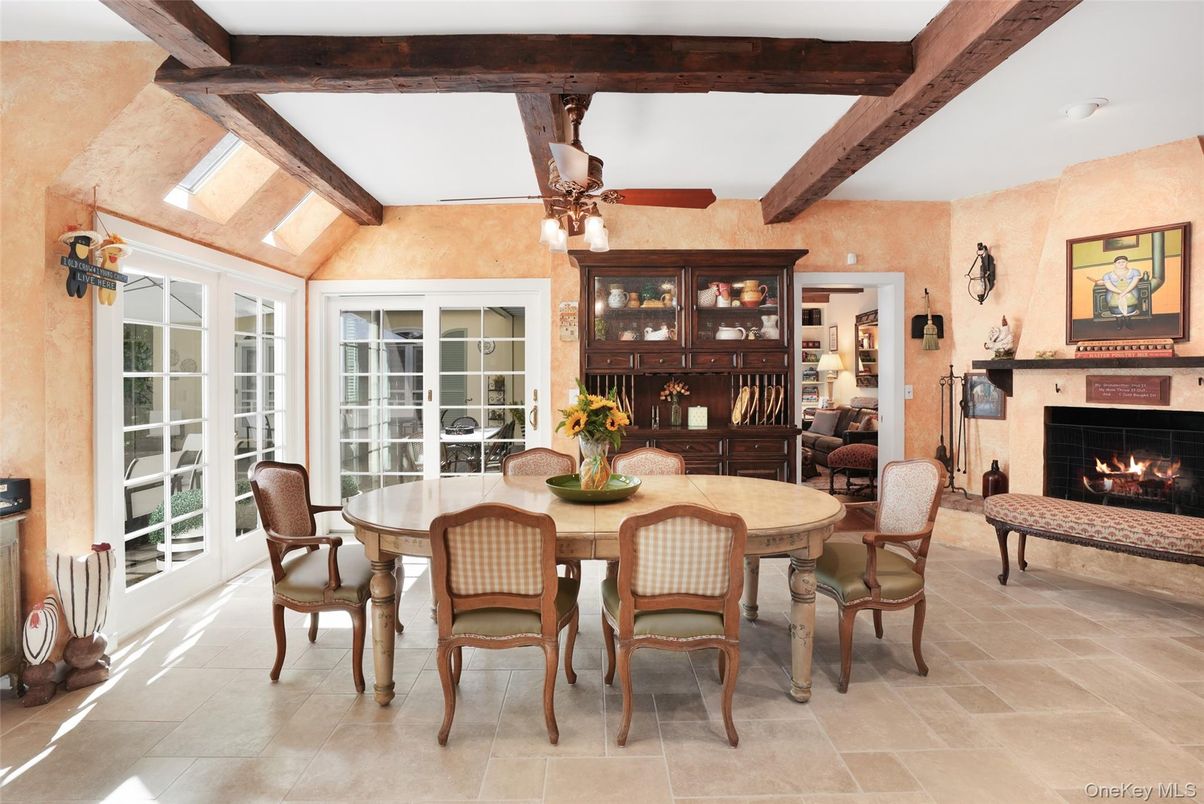 Dining room, Fireplace, Interior, Wooden Beams