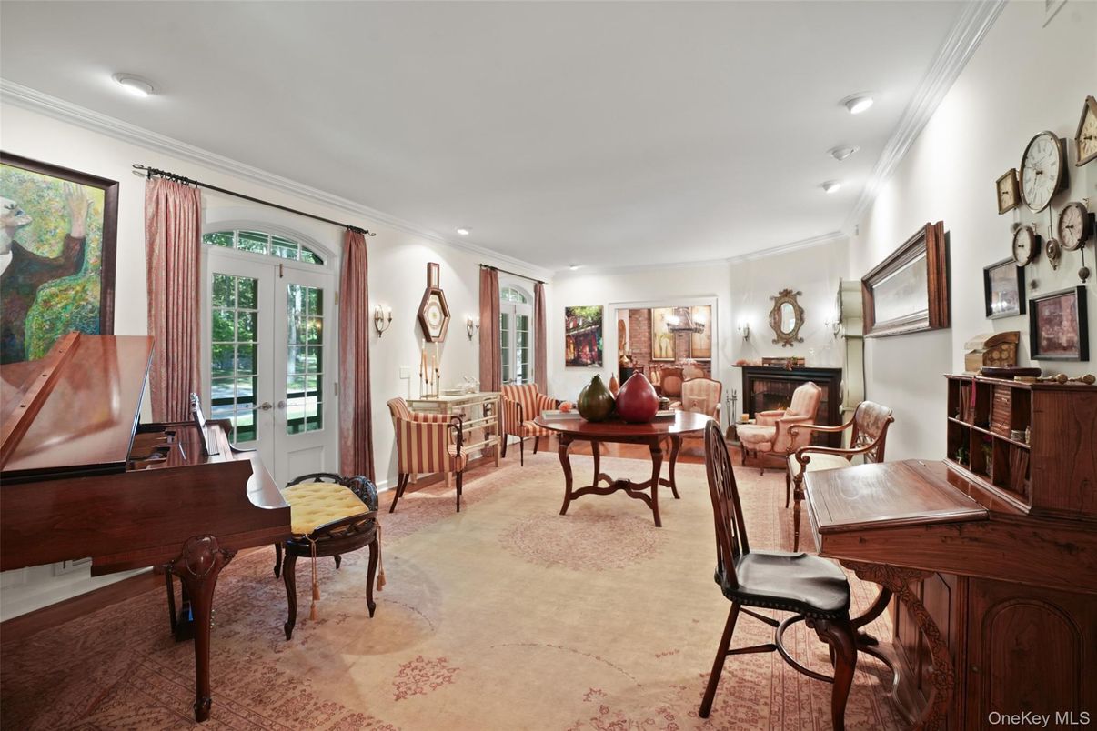 Dining room, Fireplace, Interior, Living room, Piano, Recessed Lighting