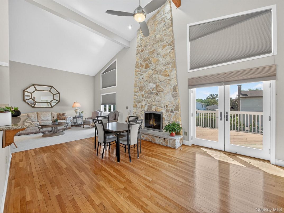 Dining room, Fireplace, Interior, Living room, Stone Walls, Wood Texture Flooring