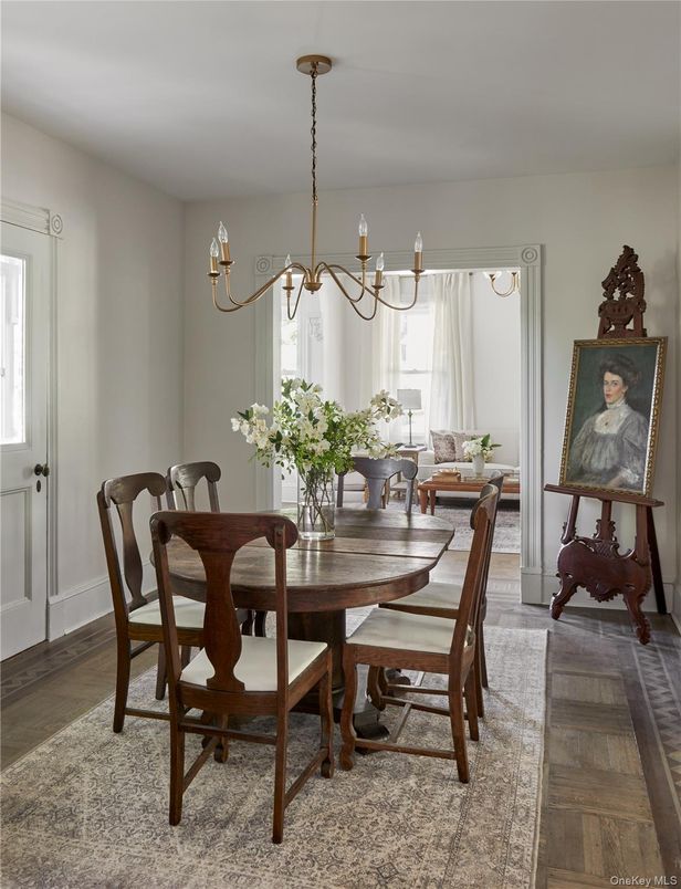 Chandelier, Dining room, Interior, Wood Texture Flooring