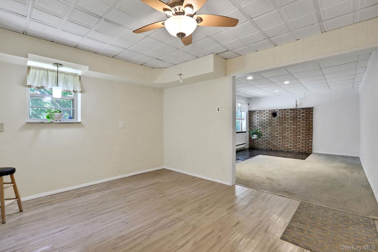 Empty room, Interior, Recessed Lighting, Stone Walls, Wood Texture Flooring