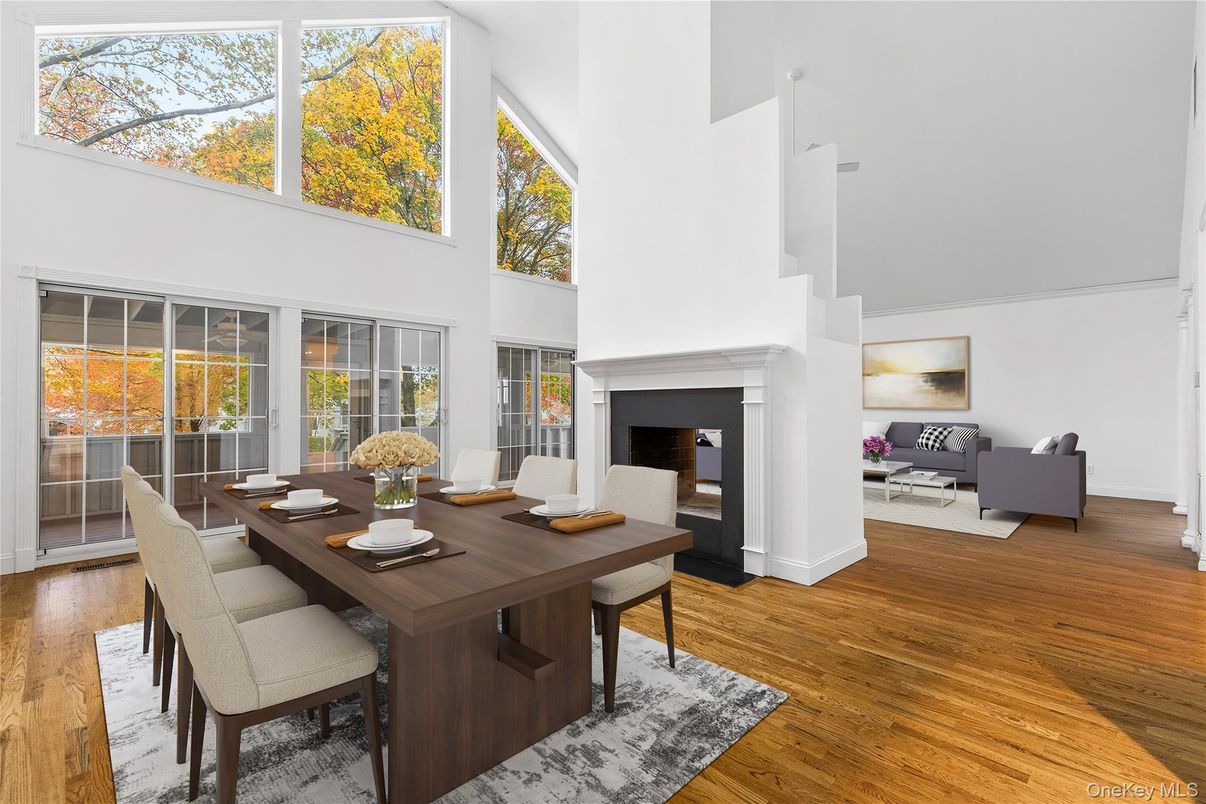 Dining room, Fireplace, Interior, Wood Texture Flooring
