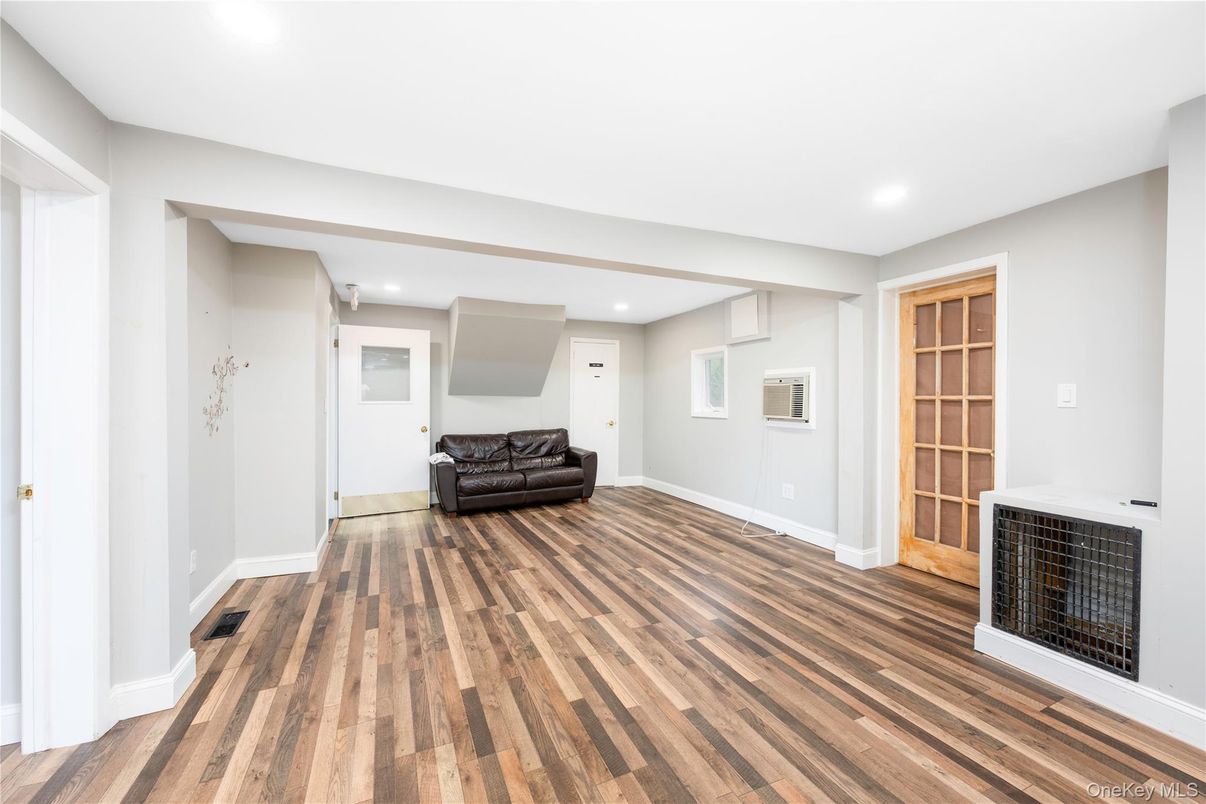 Empty room, Fireplace, Interior, Recessed Lighting, Wood Texture Flooring