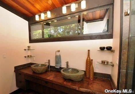 Bathroom, Dual Sink Vanities, Glass Shower, Interior, Wooden Ceilings