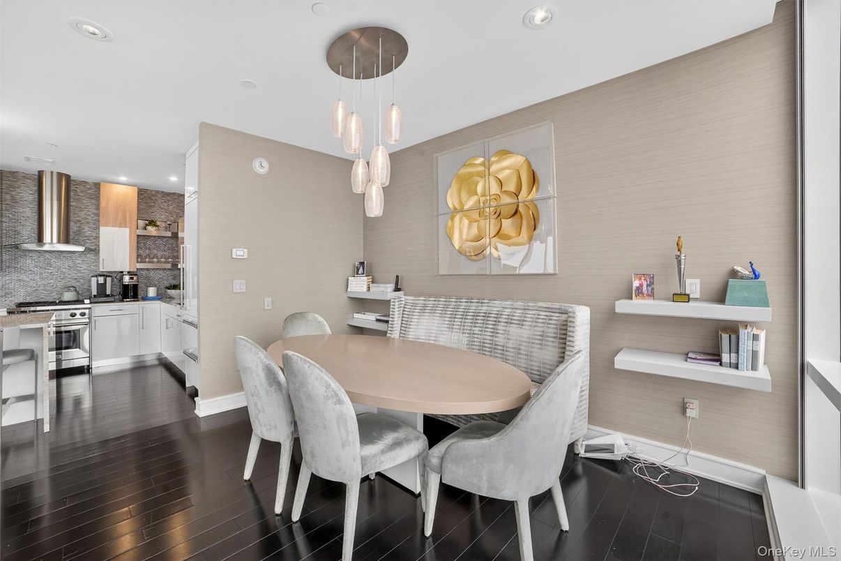 Dining room, Interior, Kitchen, Pendant Lights, Recessed Lighting, Stainless Steel Appliances, Wood Texture Flooring