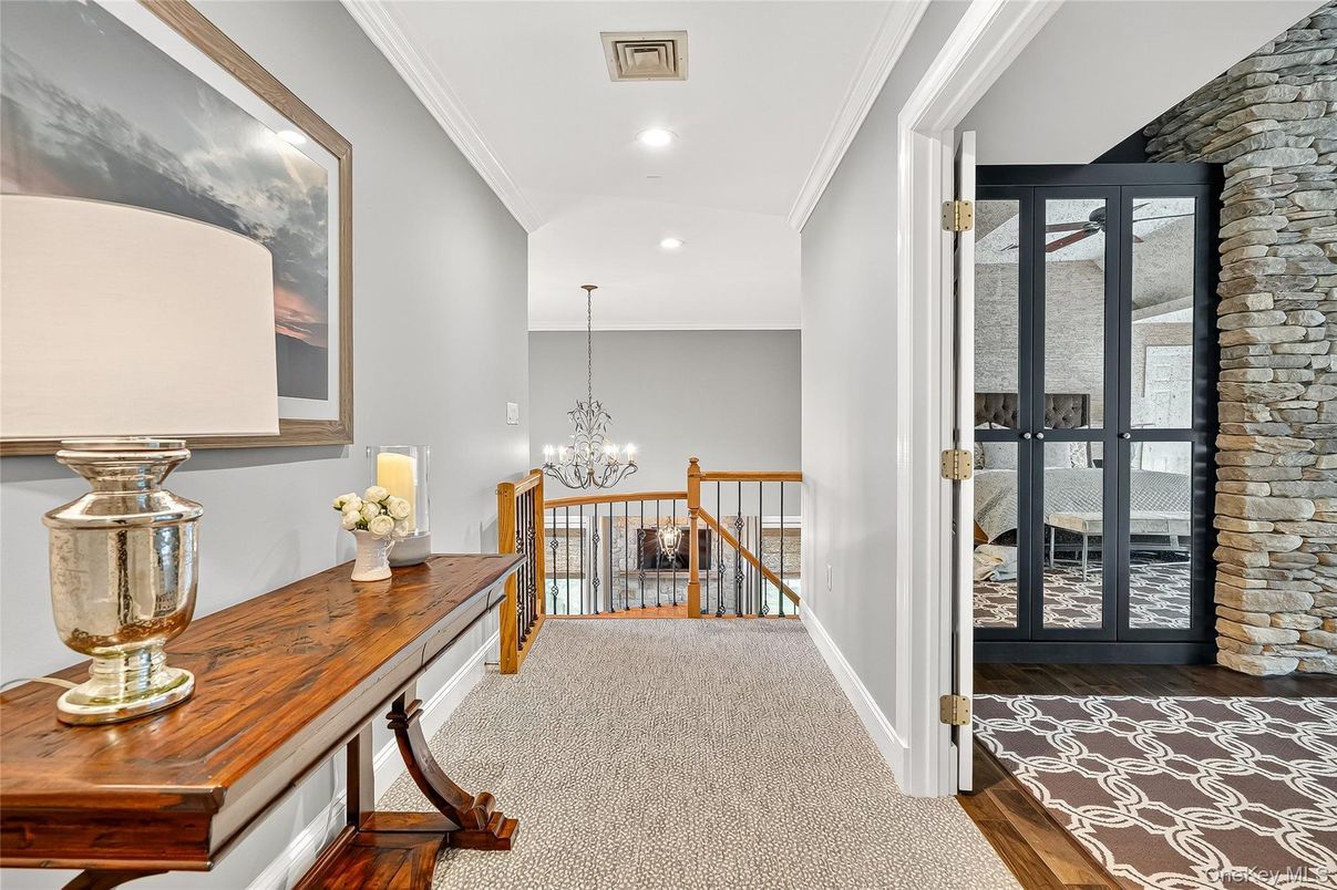 Chandelier, Interior, Recessed Lighting, Stone Walls, Wood Texture Flooring