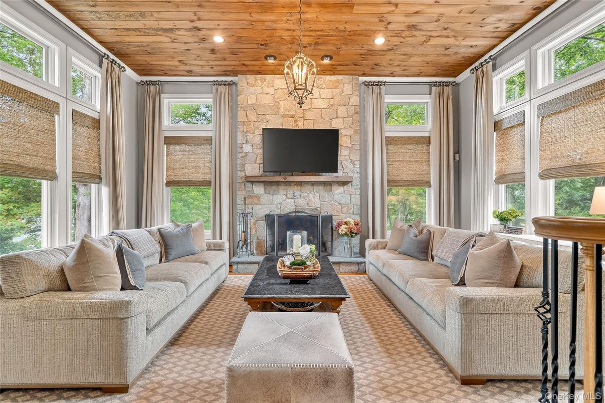 Fireplace, Interior, Living room, Pendant Lights, Recessed Lighting, Stone Walls, Wooden Ceilings