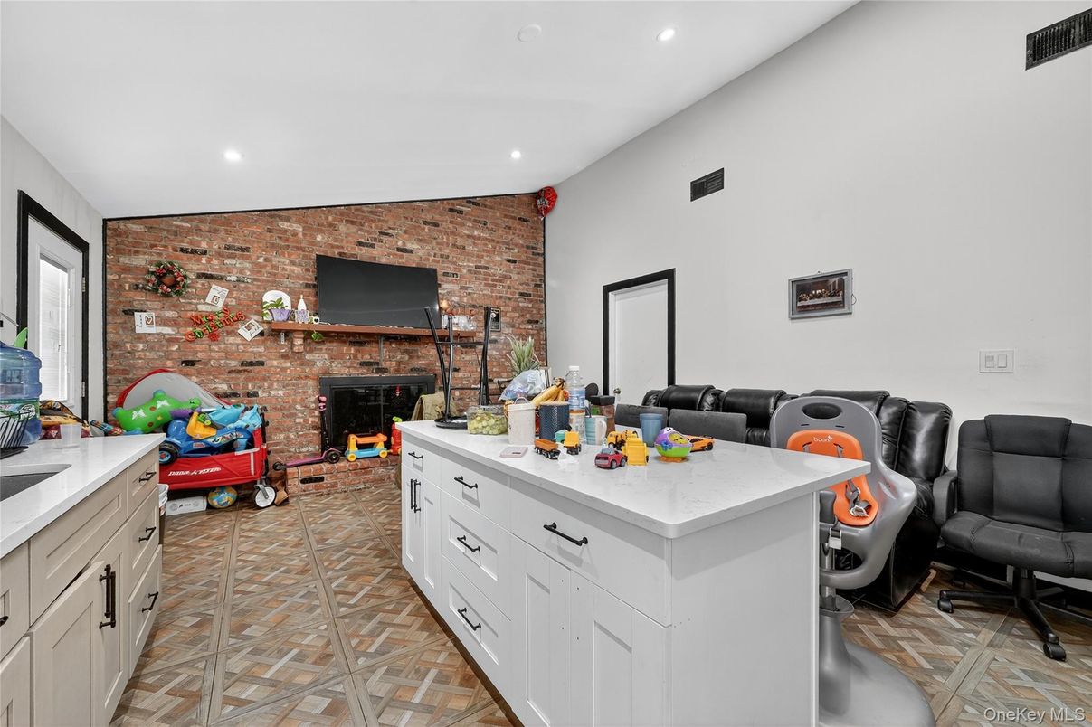 Fireplace, Interior, Kitchen, Recessed Lighting, Stone Walls