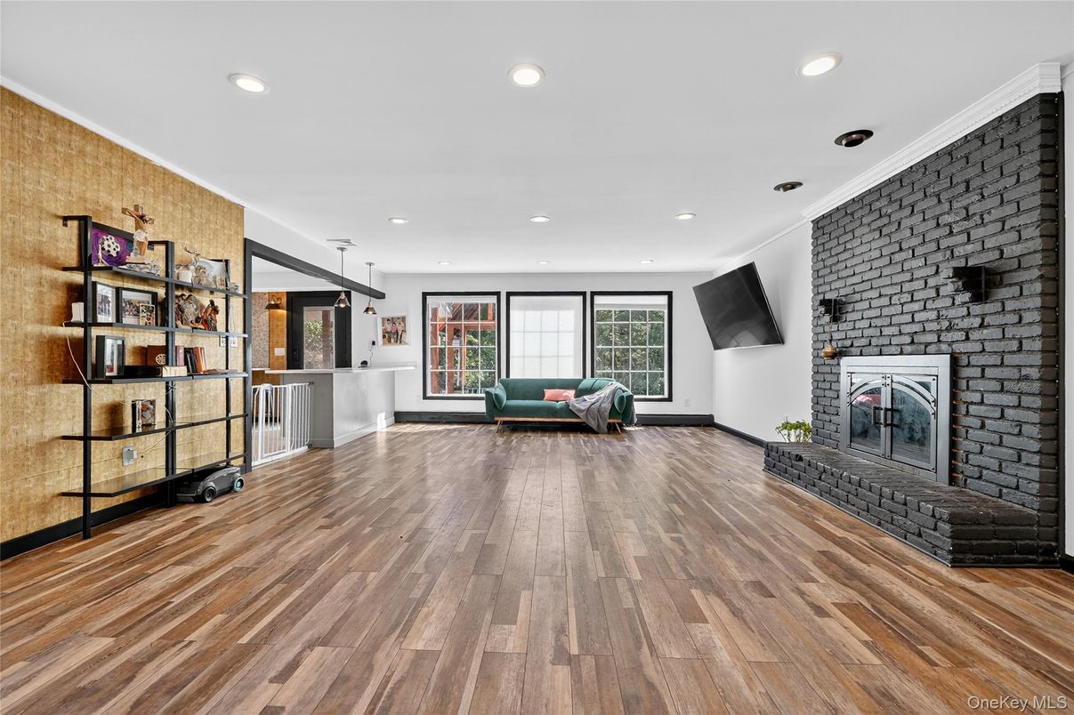 Fireplace, Interior, Recessed Lighting, Stone Walls, Wood Texture Flooring