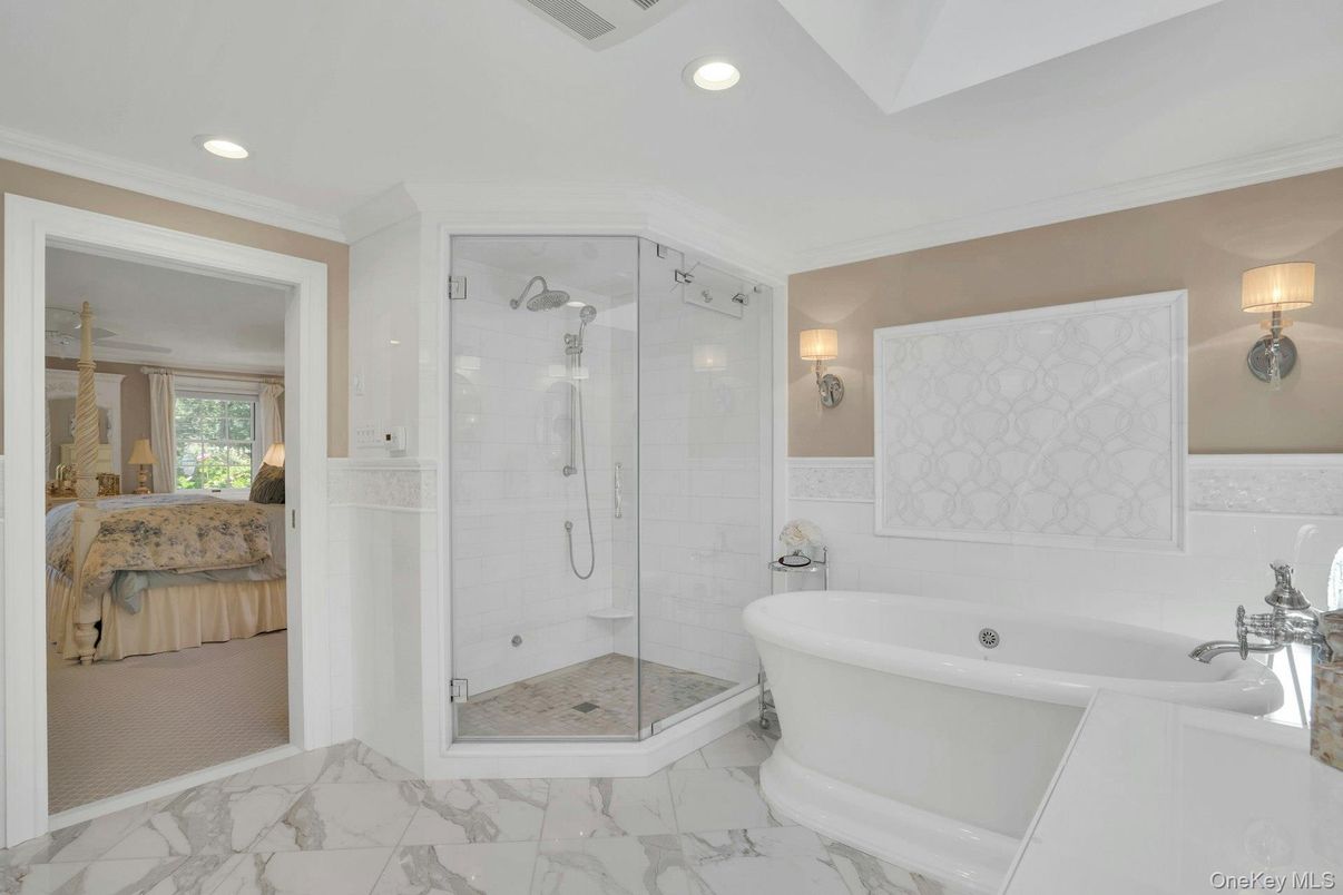 Bathroom, Free Standing Baths, Glass Shower, Interior, Marble, Recessed Lighting