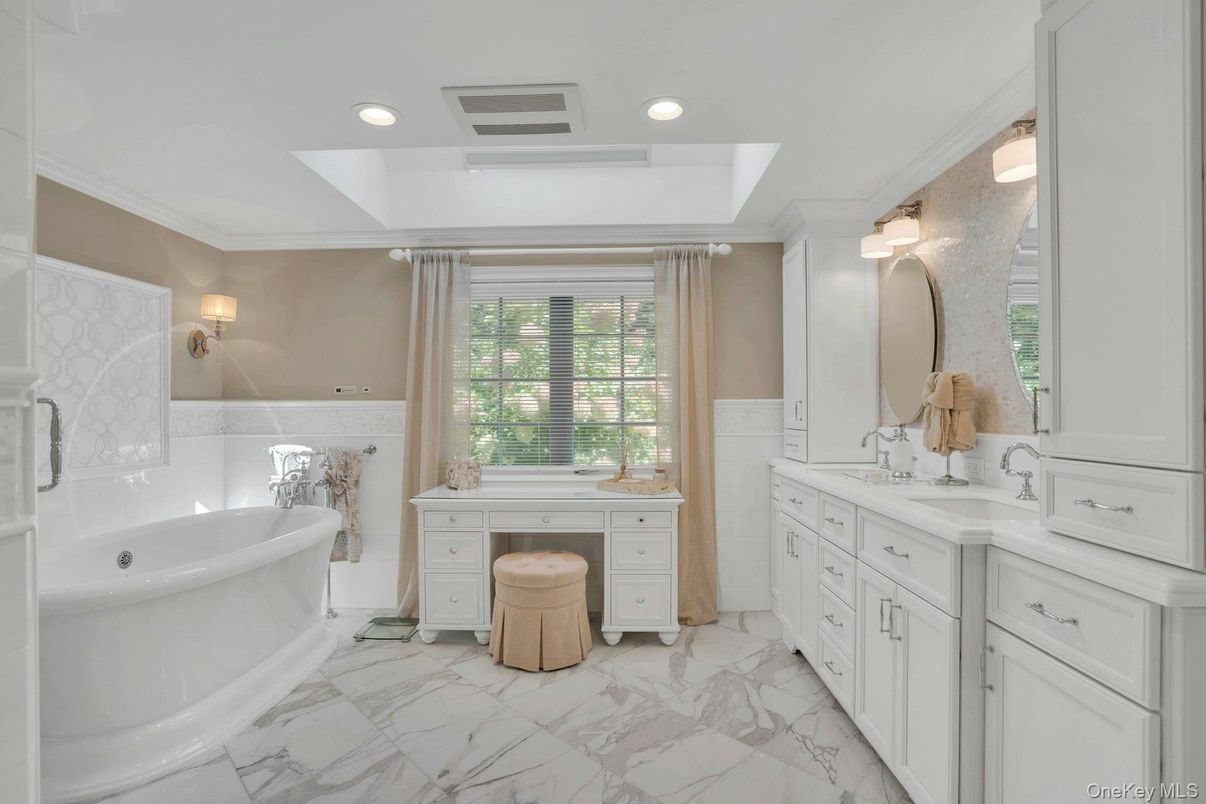Bathroom, Dual Sink Vanities, Free Standing Baths, Interior, Marble, Recessed Lighting