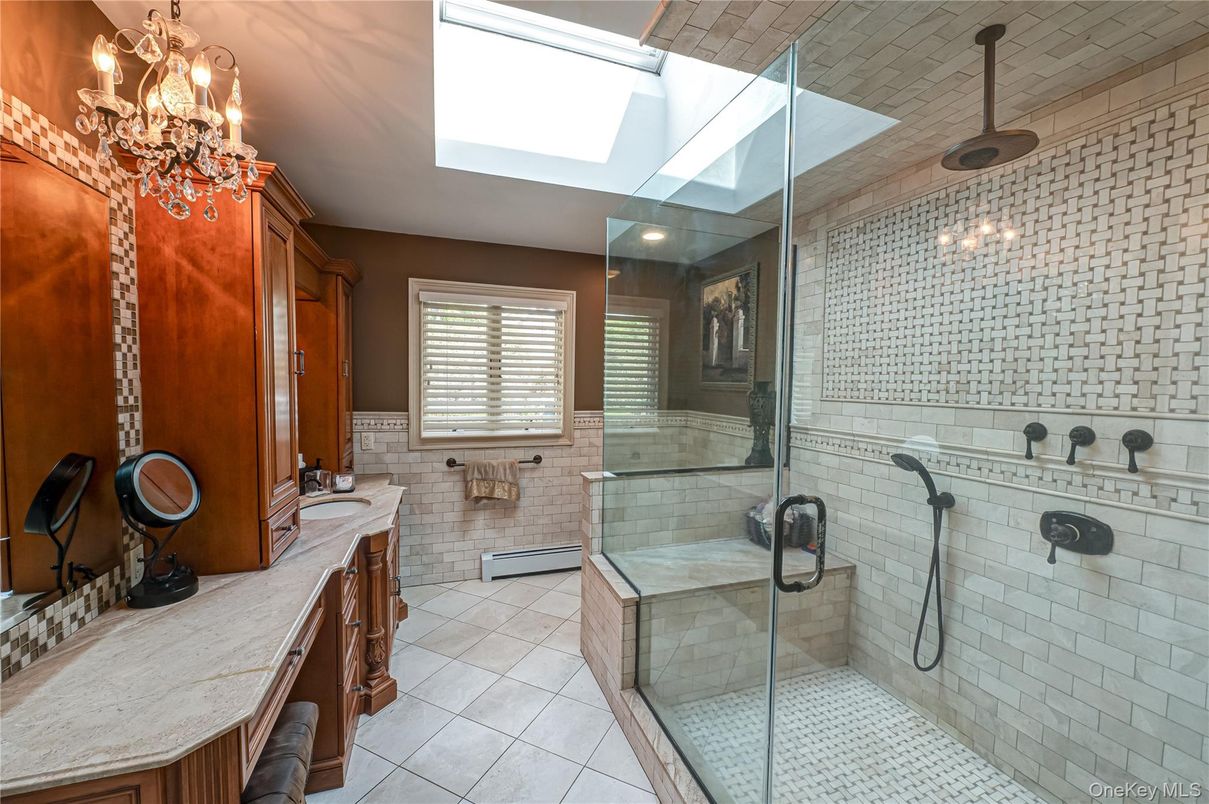 Bathroom, Chandelier, Glass Shower, Interior, Stone Walls