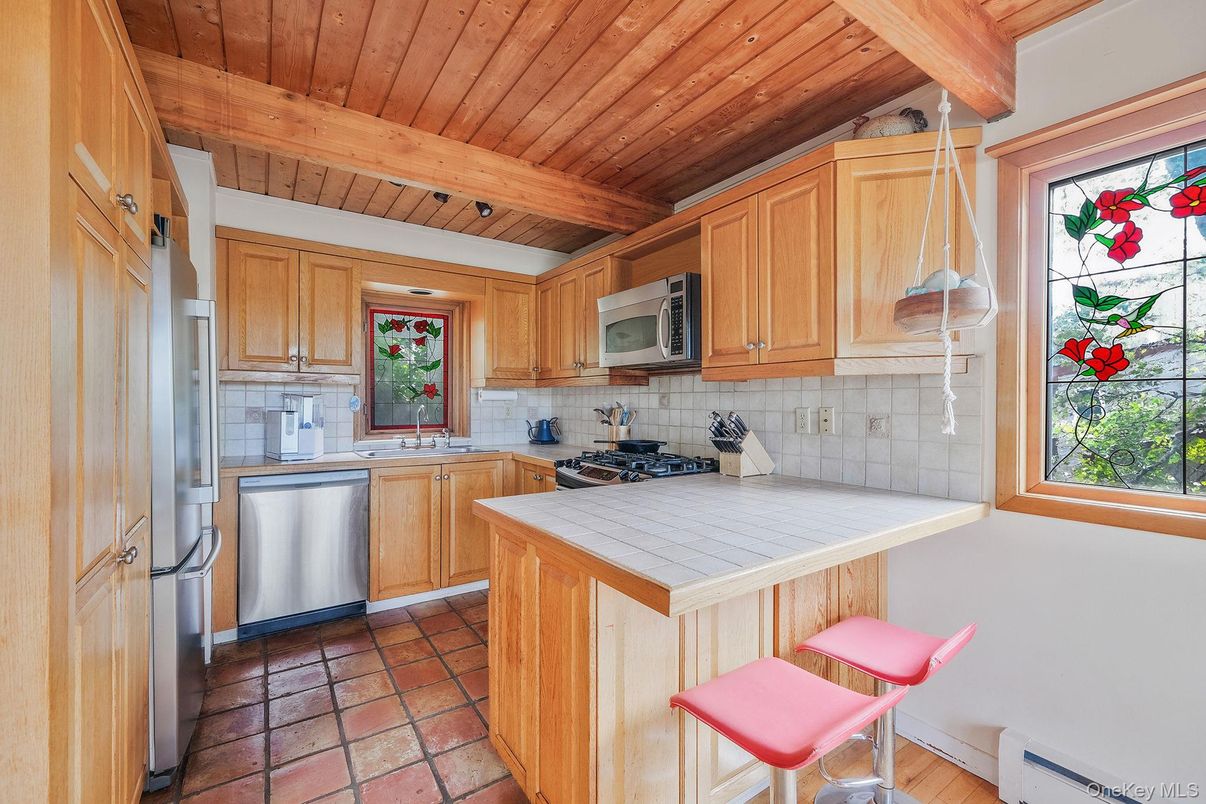 Interior, Kitchen, Tile Countertops, Wooden Beams, Wooden Ceilings