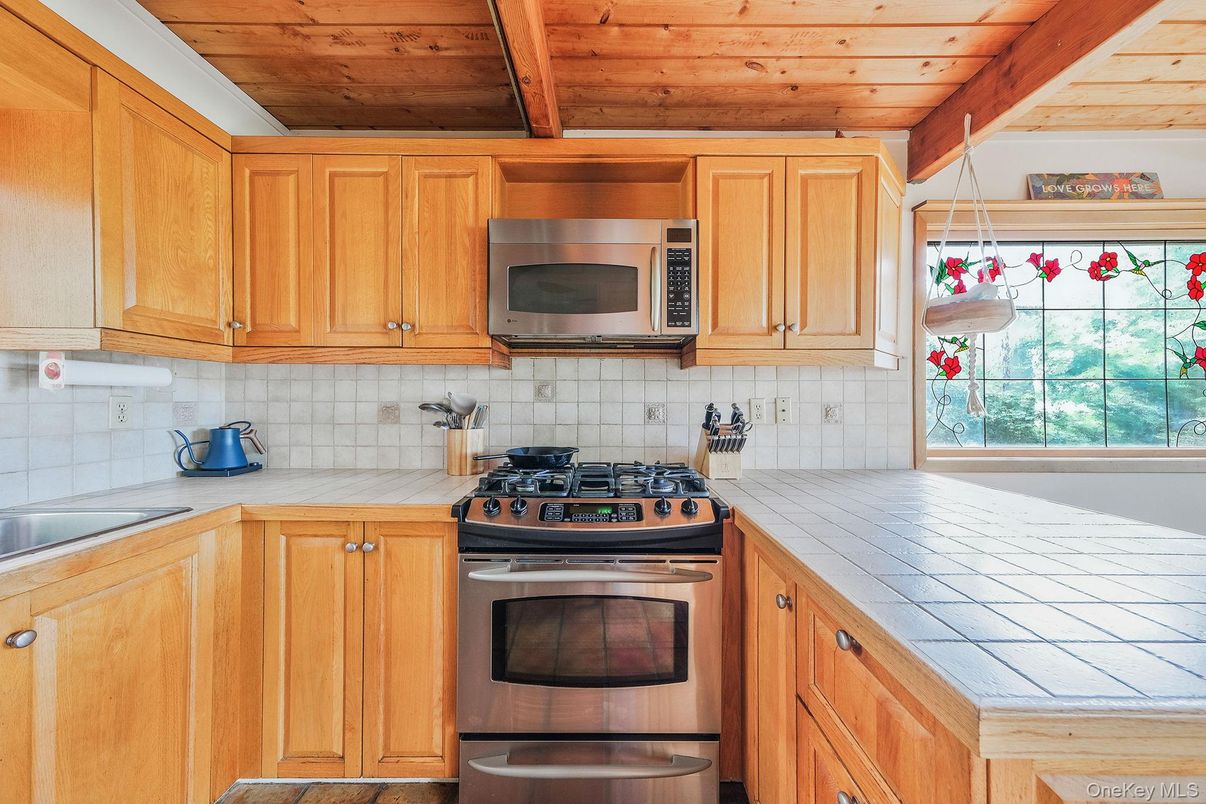 Interior, Kitchen, Stainless Steel Appliances, Tile Countertops, Wooden Ceilings