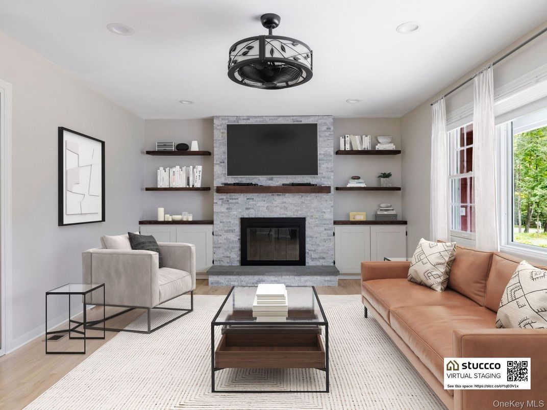 Fireplace, Interior, Living room, Recessed Lighting, Stone Walls, Wood Texture Flooring