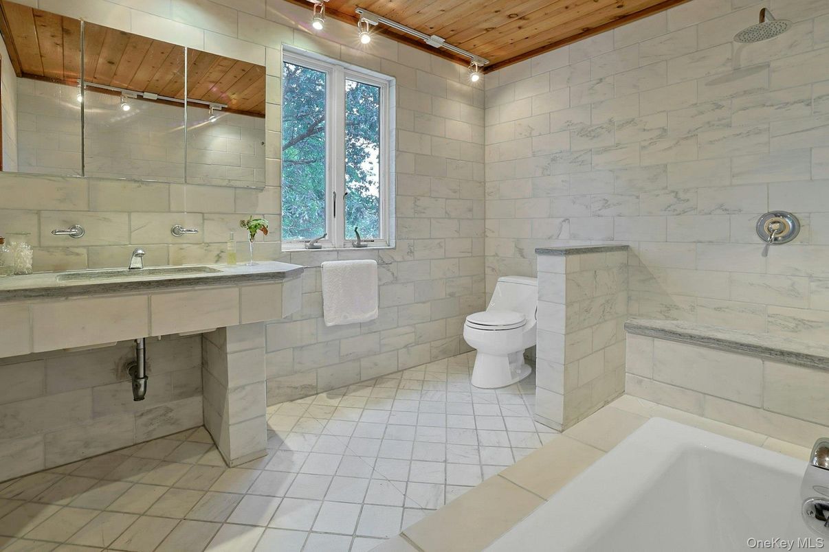 Bathroom, Interior, Marble Walls, Wooden Ceilings
