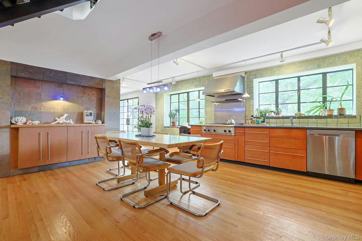 Dining room, Interior, Kitchen, Pendant Lights, Stainless Steel Appliances, Wood Texture Flooring