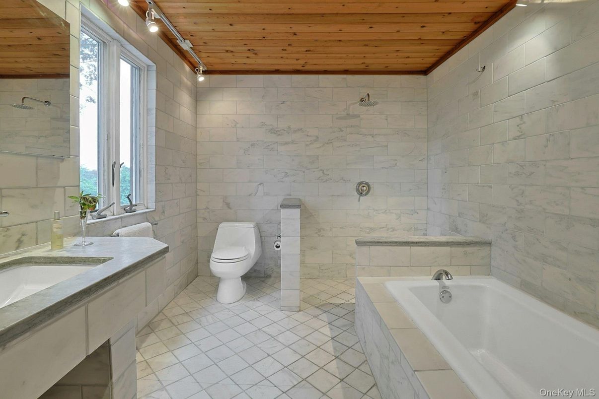 Bathroom, Interior, Marble Walls, Wooden Ceilings