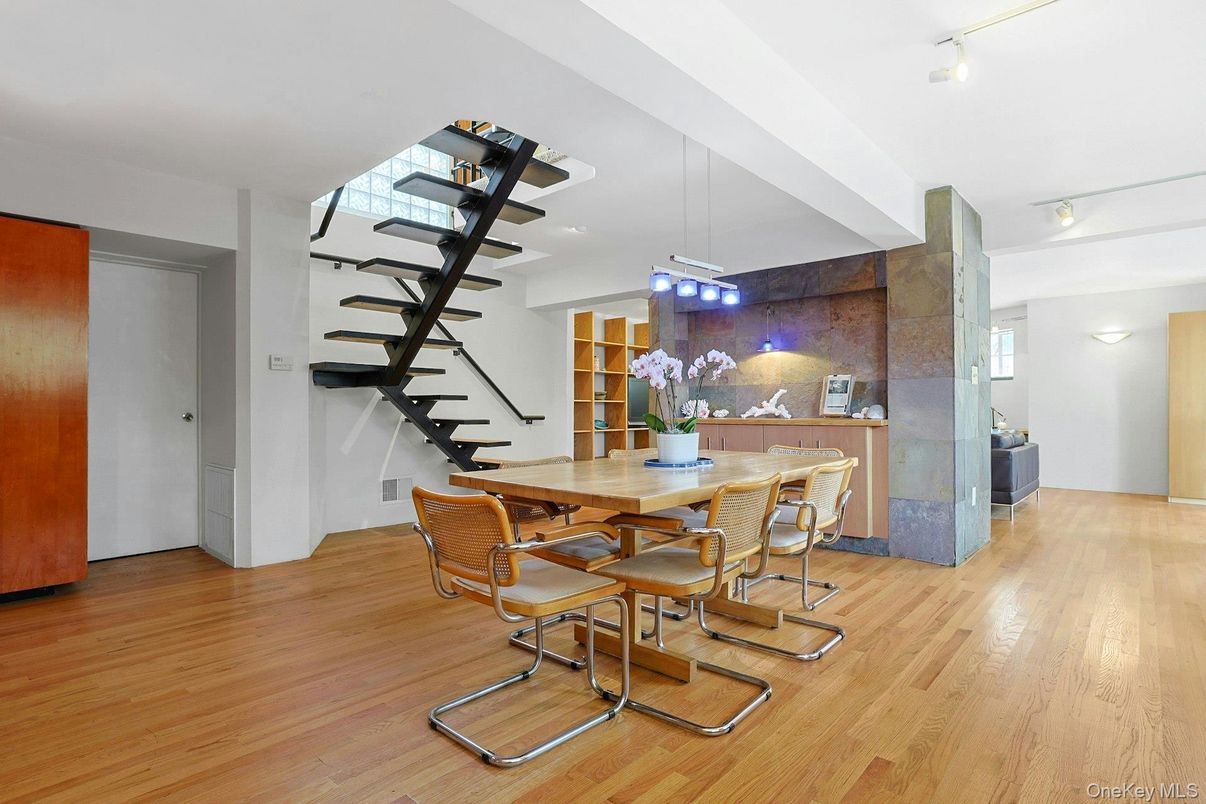 Dining room, Interior, Pendant Lights, Wood Texture Flooring