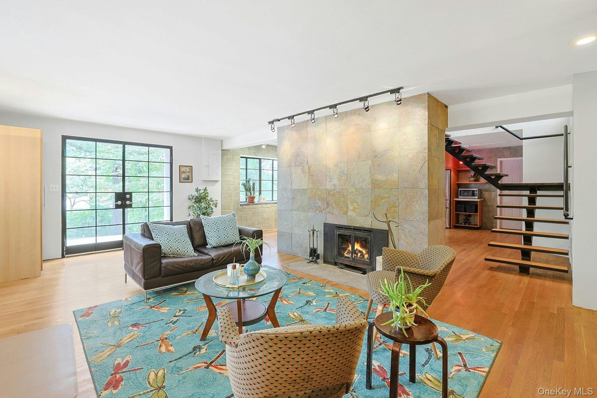 Fireplace, Interior, Living room, Recessed Lighting, Wood Texture Flooring