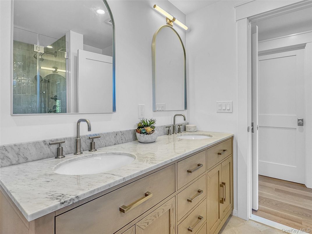 Bathroom, Dual Sink Vanities, Glass Shower, Interior, Wood Texture Flooring