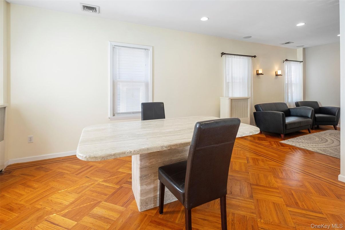 Dining room, Interior, Recessed Lighting, Wood Texture Flooring