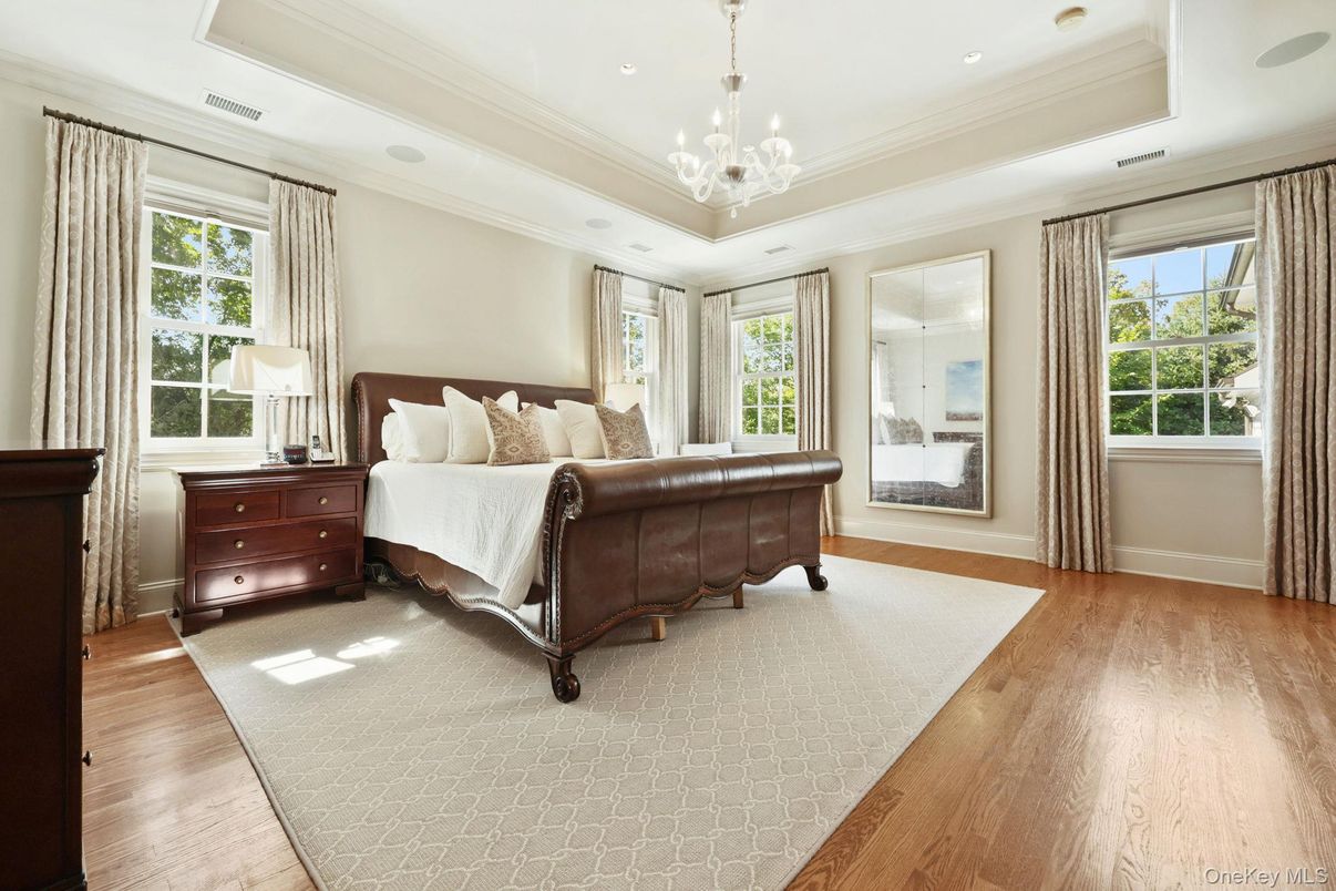 Bedroom, Chandelier, Interior, Recessed Lighting, Wood Texture Flooring