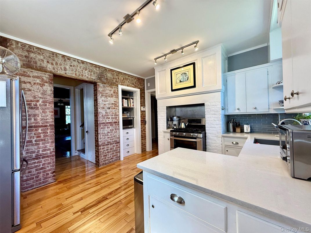 Interior, Kitchen, Stainless Steel Appliances, Stone Walls, Wood Texture Flooring