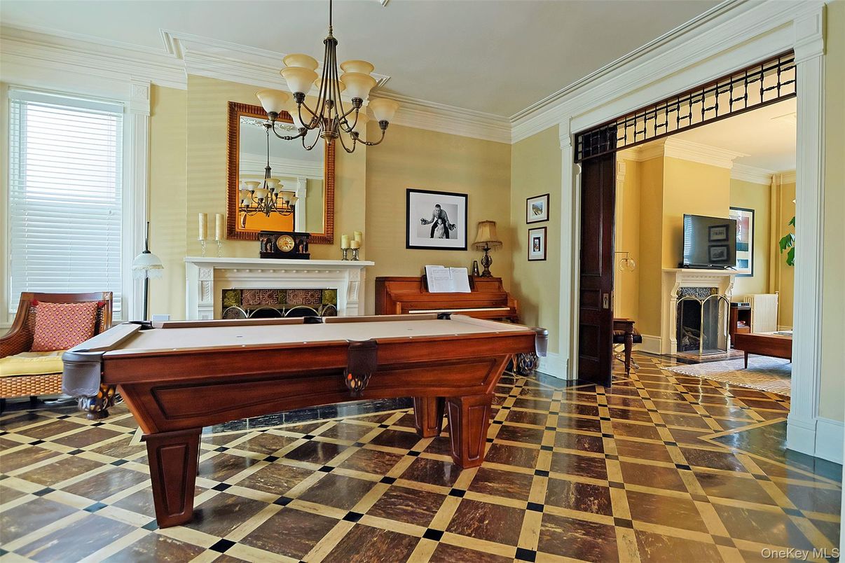 Billiard Table, Chandelier, Fireplace, Game Room, Interior, Piano
