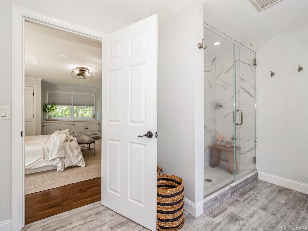 Bathroom, Bedroom, Glass Shower, Interior, Marble Walls, Wood Texture Flooring