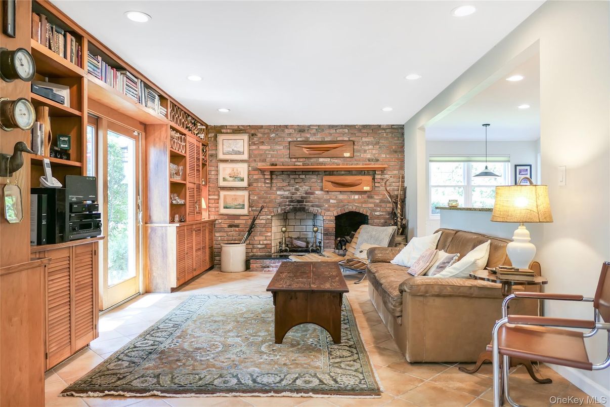 Fireplace, Interior, Living room, Recessed Lighting, Stone Walls